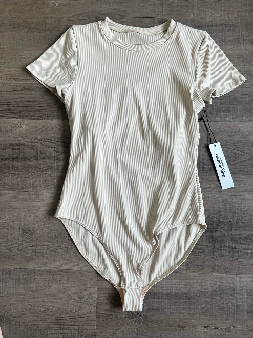 NWT Girlfriend Collective Katie Crew Ribbed Short-Sleeve Bodysuit in Marble